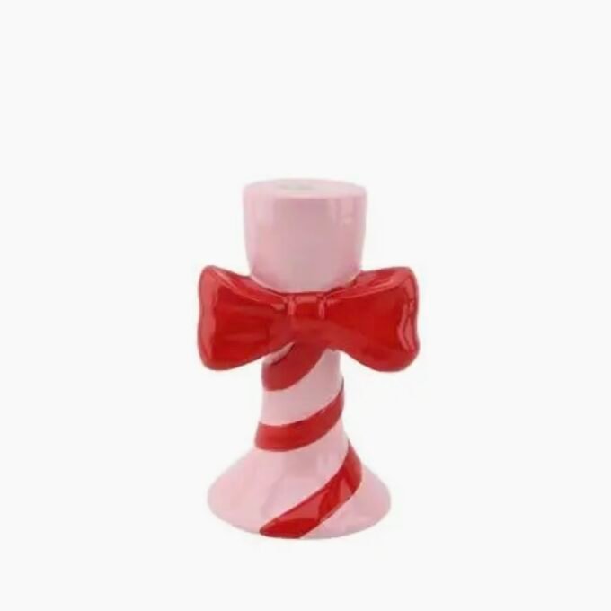 Candle Holder - Stripes with Bow -Pink/Red - 9x8x14cm