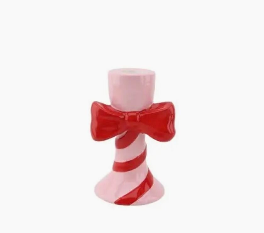 Candle Holder - Stripes with Bow -Pink/Red - 9x8x14cm