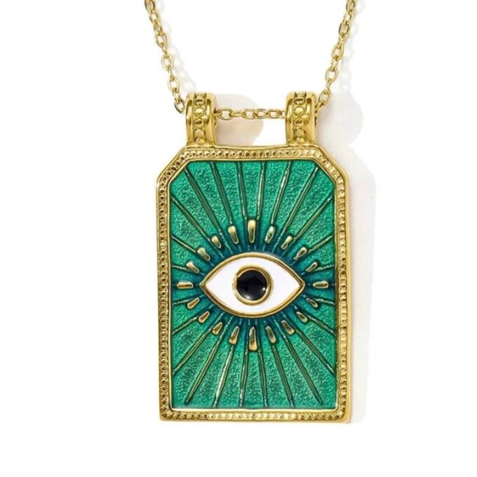 Necklace gold-plated steel rectangle of turquoise with eye