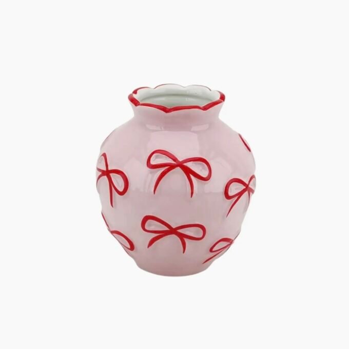 Vase - Flower Vase Ribbons - Light Pink/Red - 13x13x14cm