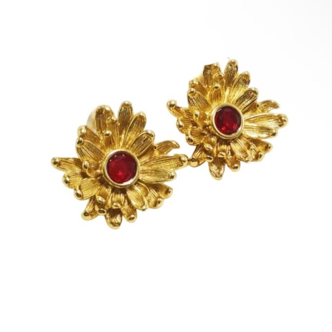 Earrings Gold Plated Peel with Magenta Stone