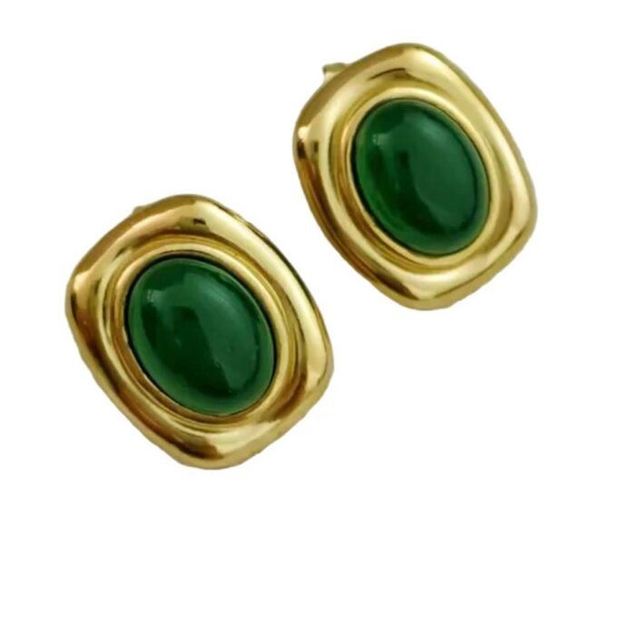 Earrings gilded steel oval green stone