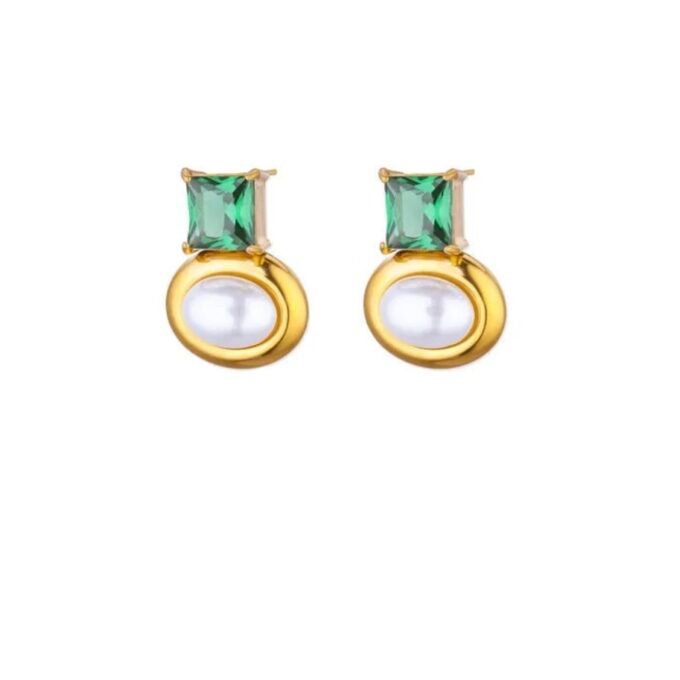 Earrings gold steel with oval pearl and green zircon
