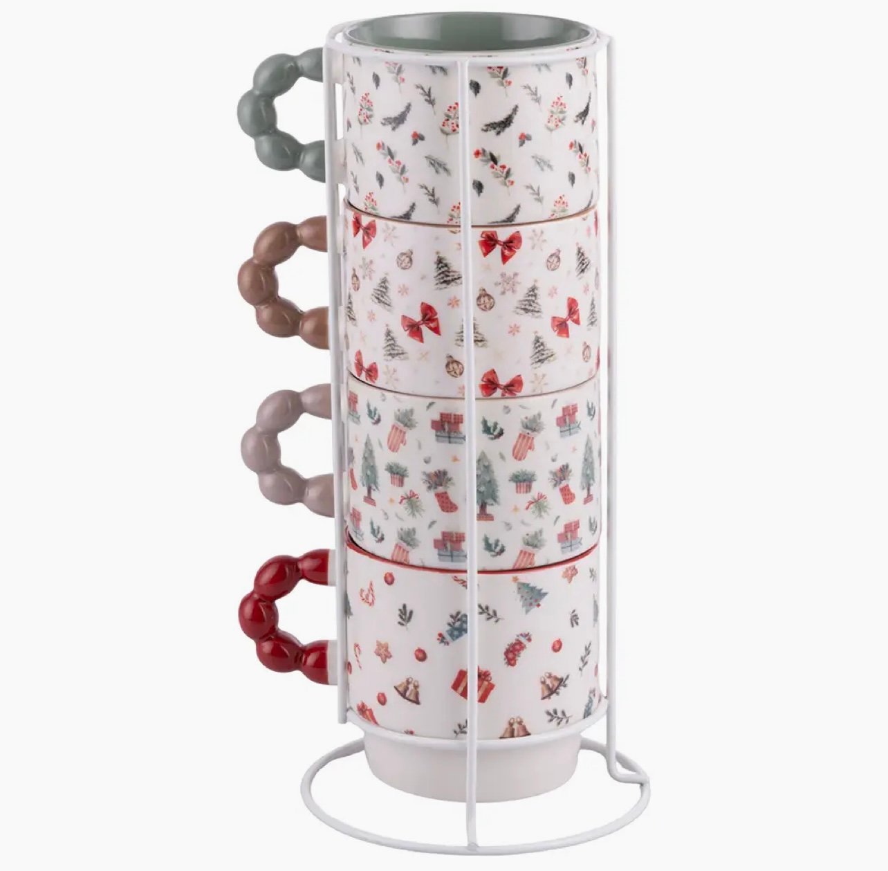 Winter Village Set 4 Mugs with Metal Stand