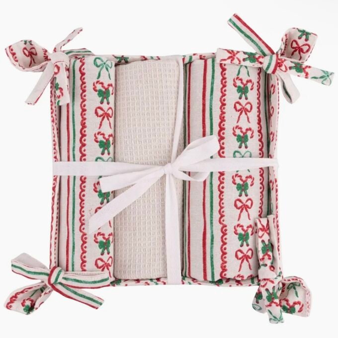 Xmas Fiocchi Set 3 Tea Towels + Basket A