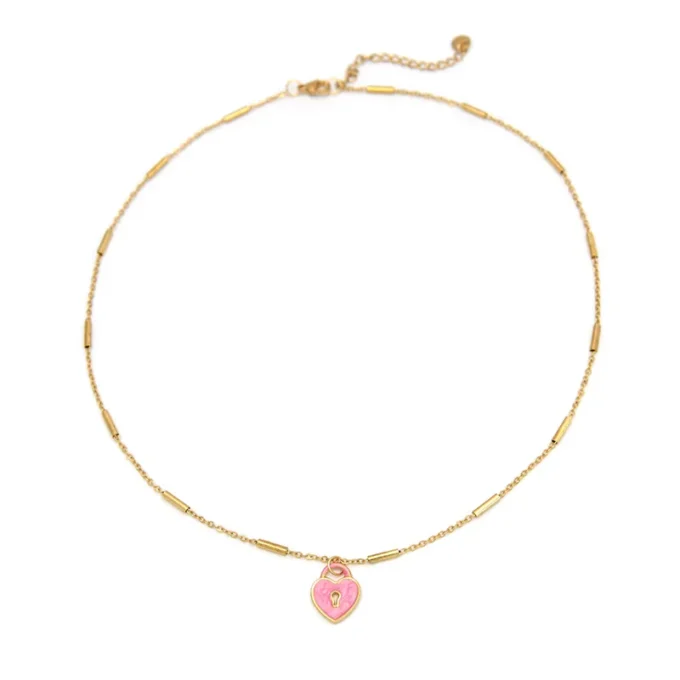 Gold plated steel necklace with pink lock