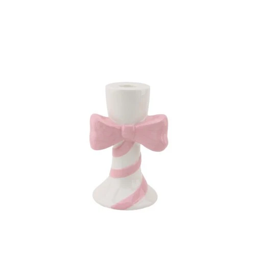 Candle holder - Stripes with Bow - White/Pink - 9x8x14cm