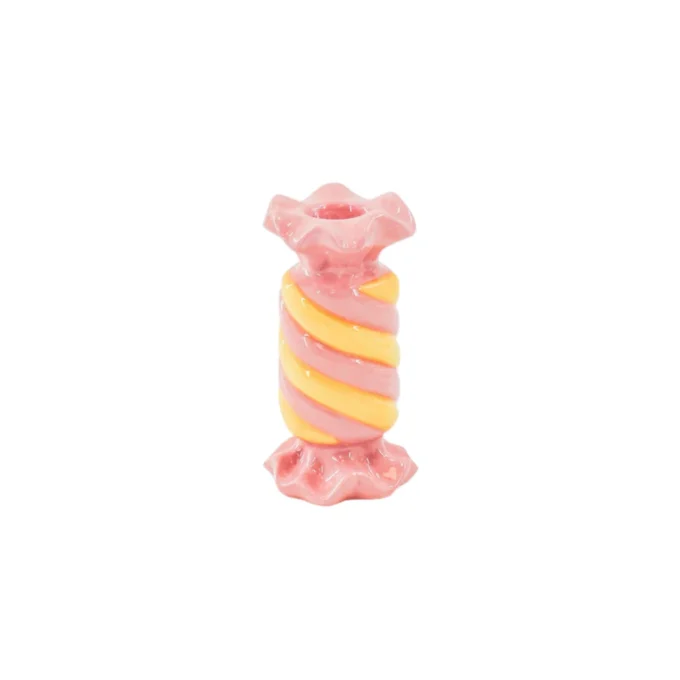 Candle Holder- Toffee Candy - Ceramic-Pink/ Yellow- 7,5x7,5x13 cm