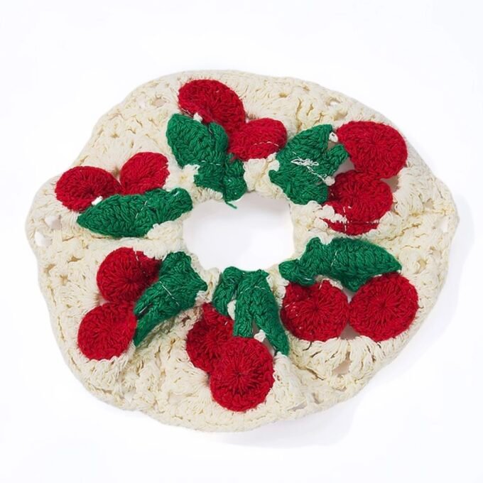 Crochet Elastic Scrunchie with Cherry Pattern