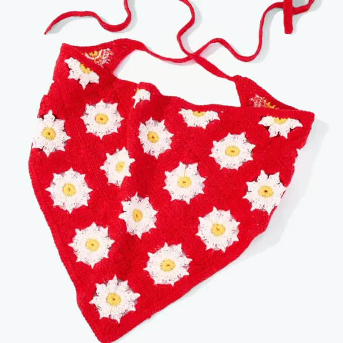 Crochet Flower Red Bandana