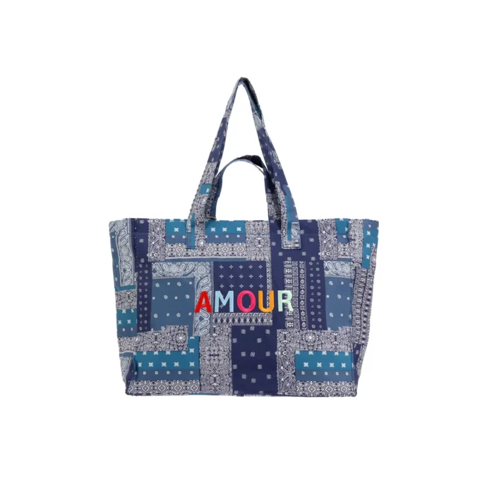 Blue Patchwork Tote "Love" – Large Format