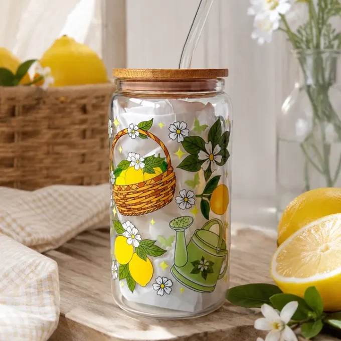 Lemon Garden Double Sided Glass Tumbler with Lid and Straw