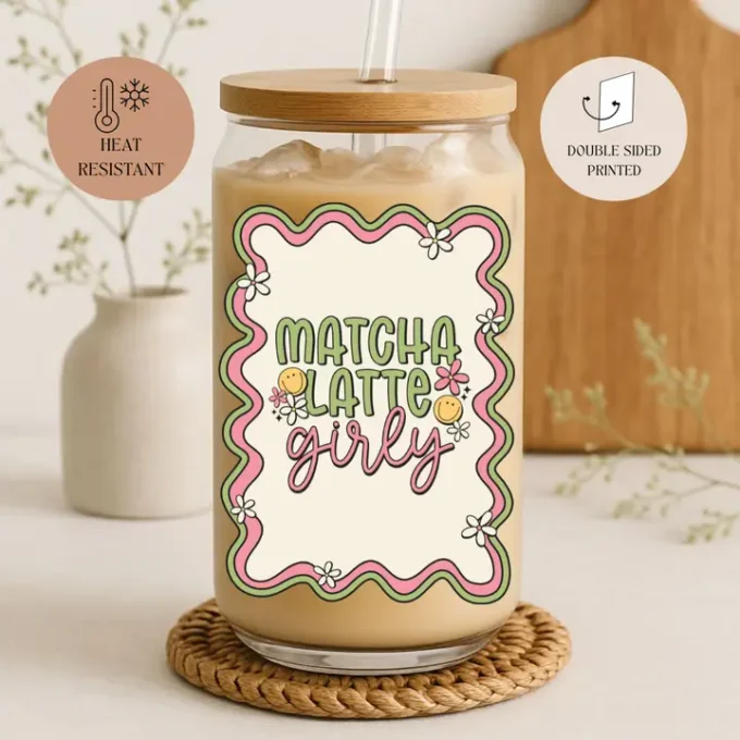 Matcha Latte Girly Glass Tumbler with Bamboo Lid & Straw