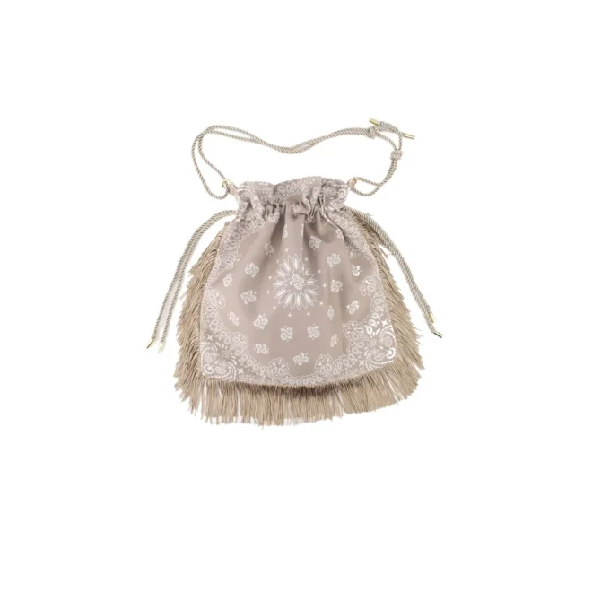 Bohemian Fringed Cotton Beige Drawstring Bag