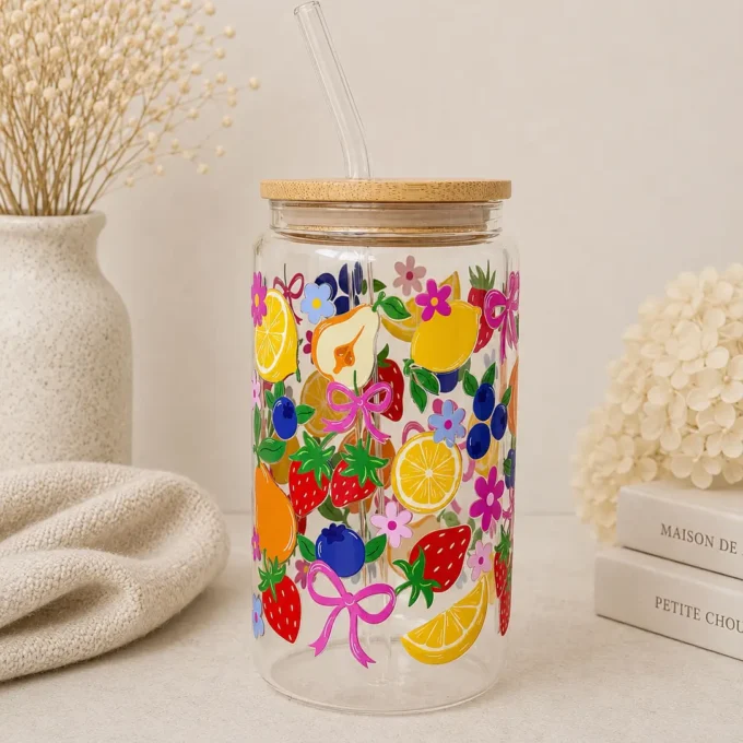 Side Print Glass Tumbler + Lid & Straw