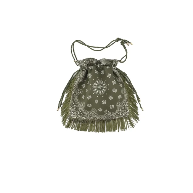 Bohemian Fringed Cotton Khaki Drawstring Bag