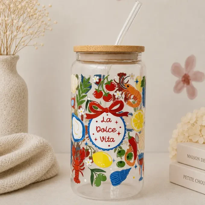 La Dolce Vita Glass Tumbler + Lid & Straw Double Side Print