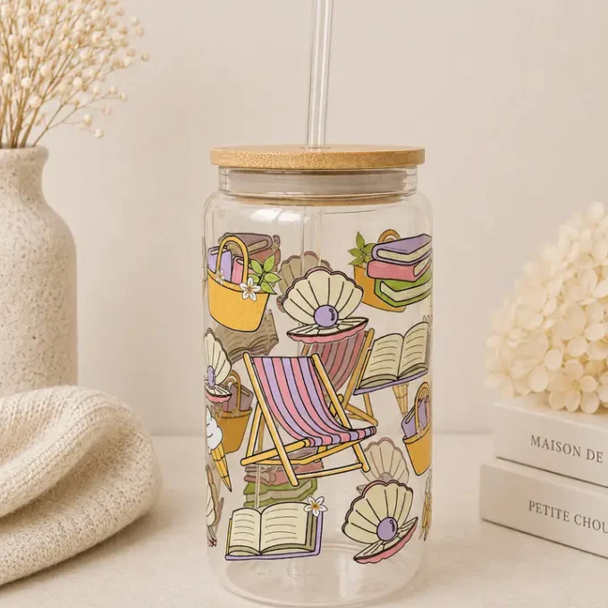 Pastel Bookish Beach Glass Tumbler + Lid and Straw