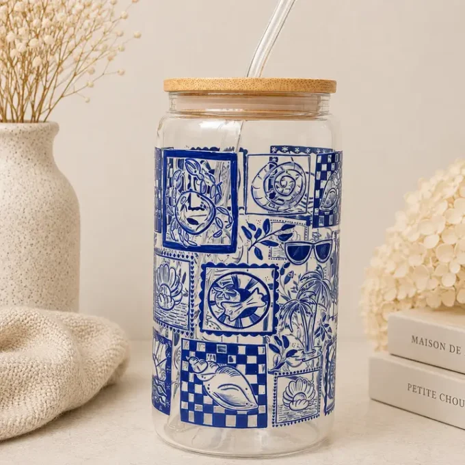 A Summer in Greece Double Sided Glass Tumbler + Lid & Straw